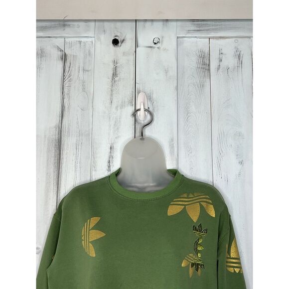MENS ADIDAS GREEN GOLD METALLIC ALLOVER TREFOIL LOGO PULLOVER SWEATSHIRT S? - Picture 3 of 14